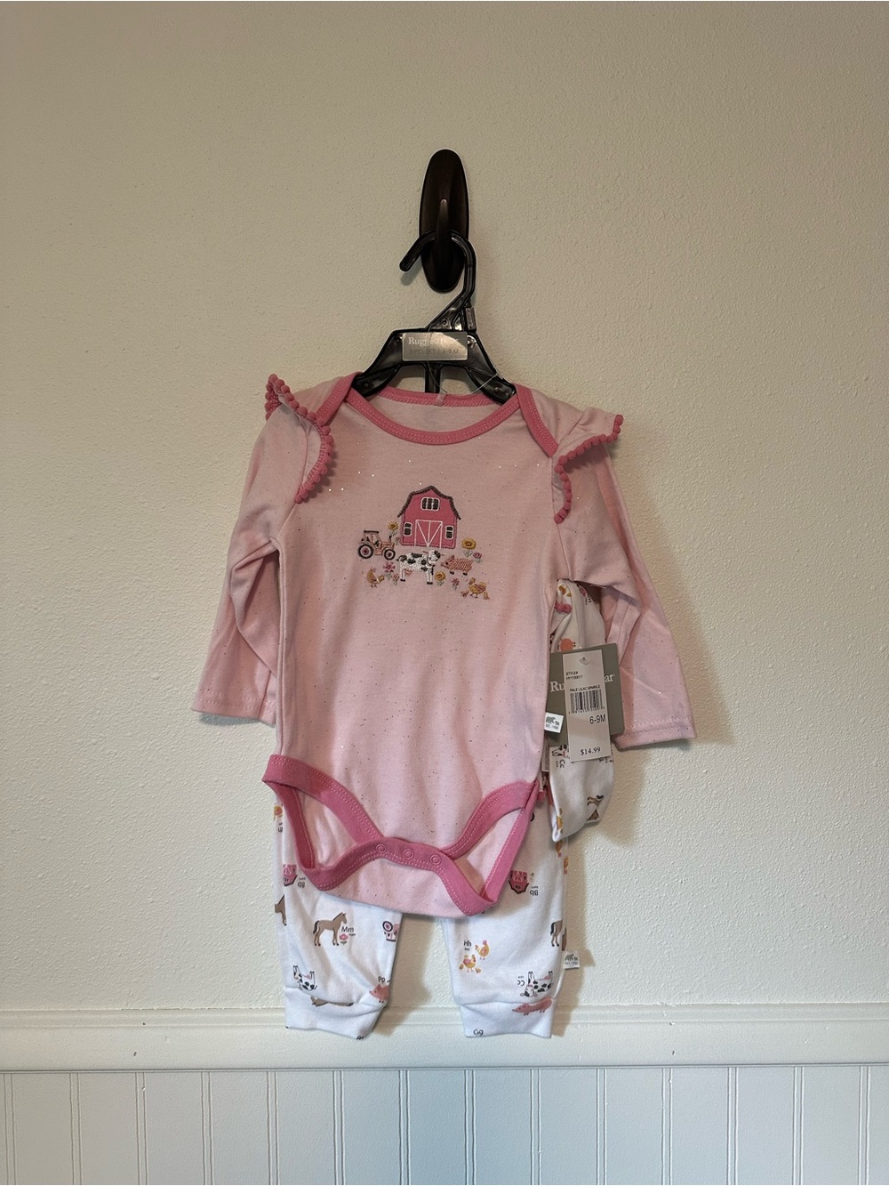 NWT Rugged Bear Baby Girls Pink Farm Barnyard Bodysuit & Pants Set 6-9M